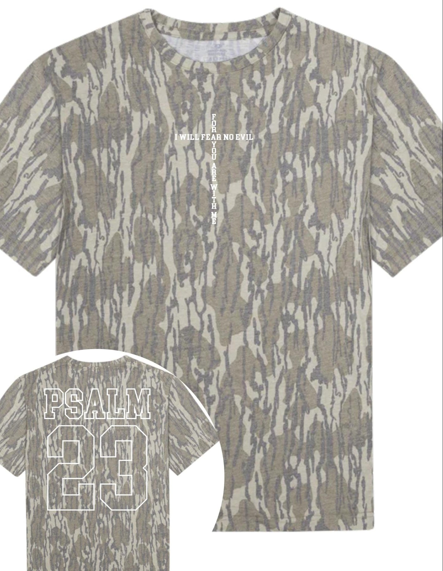 Bottomland Camouflage t-shirt with 'Psalm 28' DTF on a white background