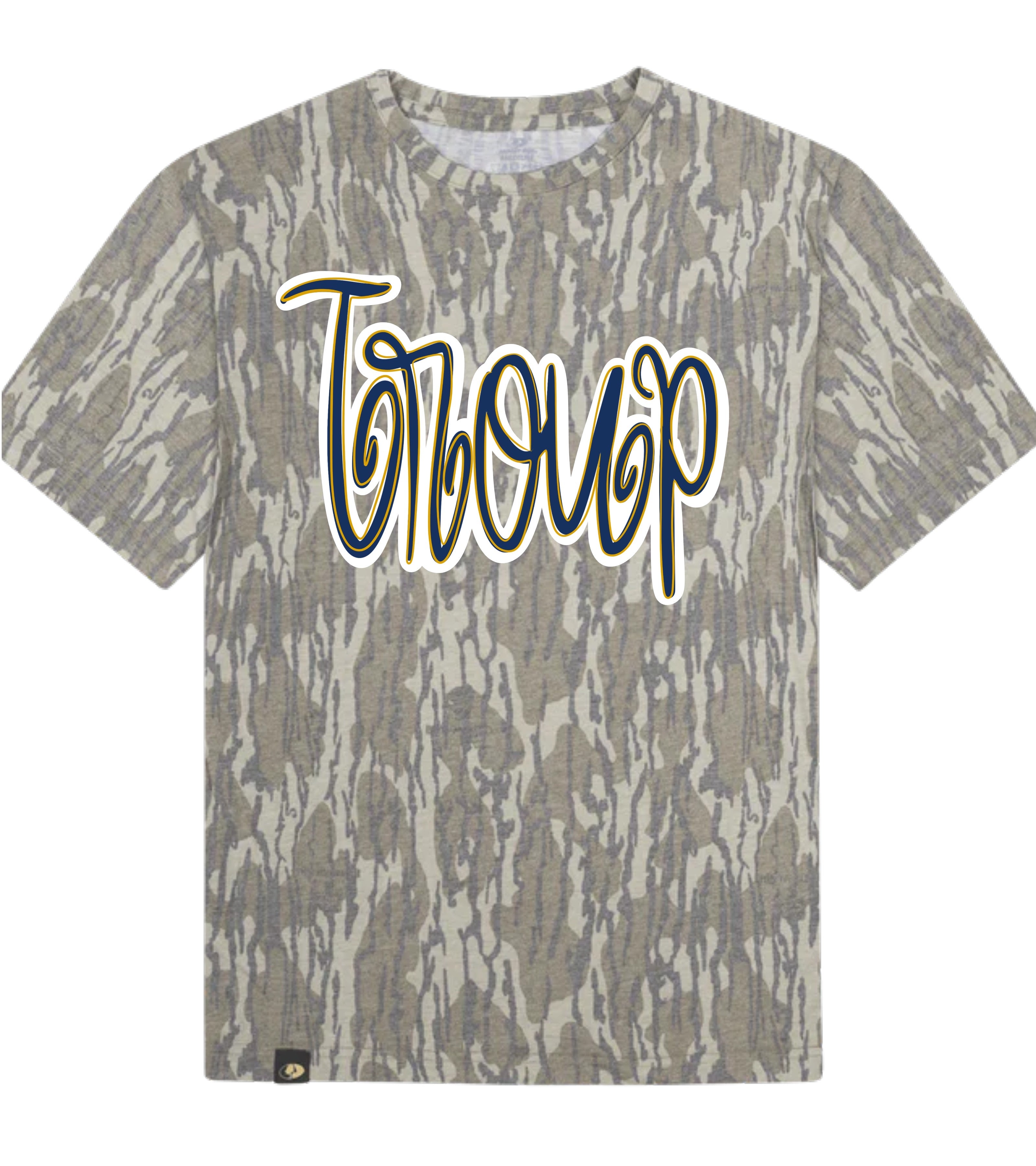 Camouflage-patterned t-shirt with 'Torque' branding on a white background