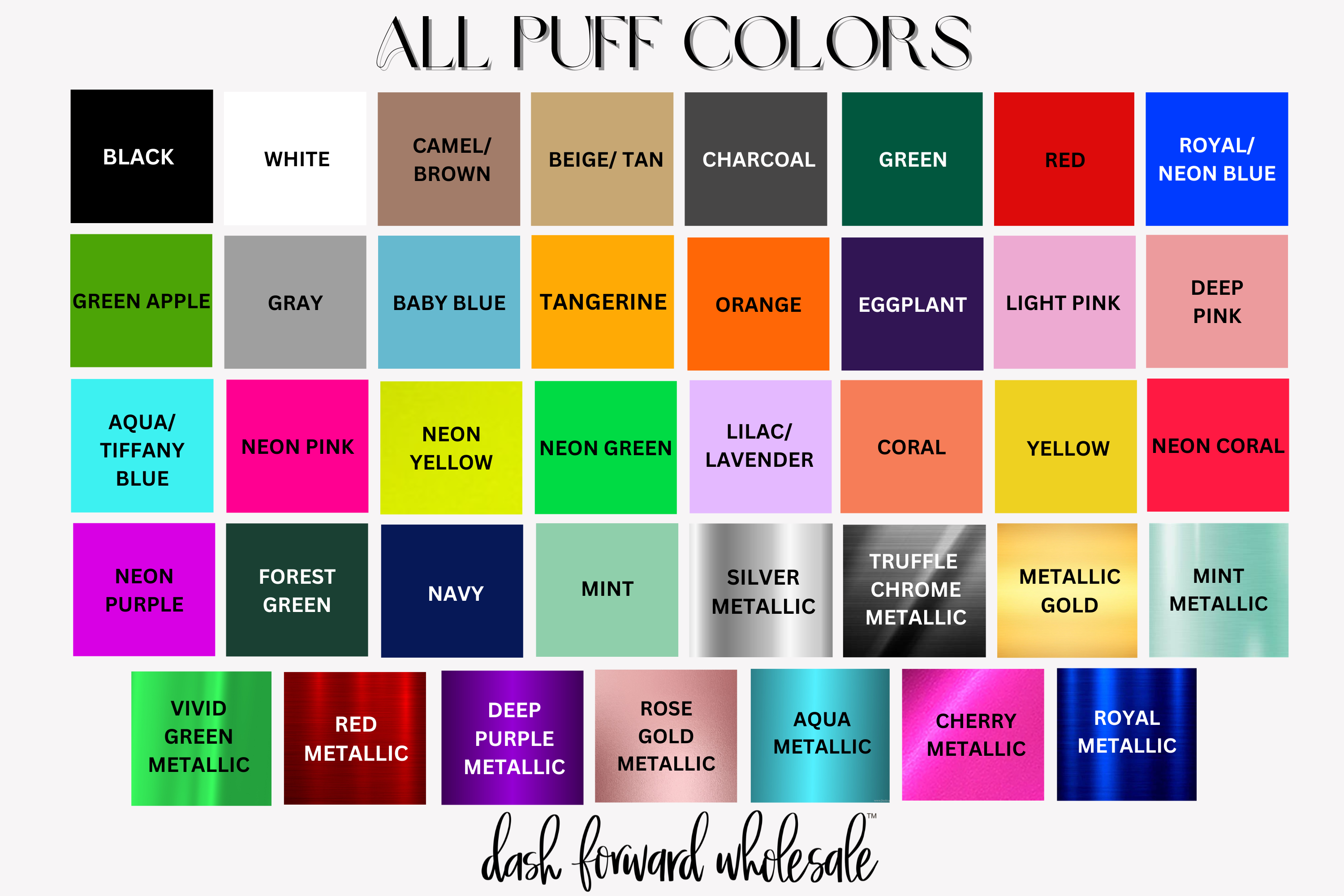 Color swatch chart with various puff color options and Dash Forward Wholesale branding.