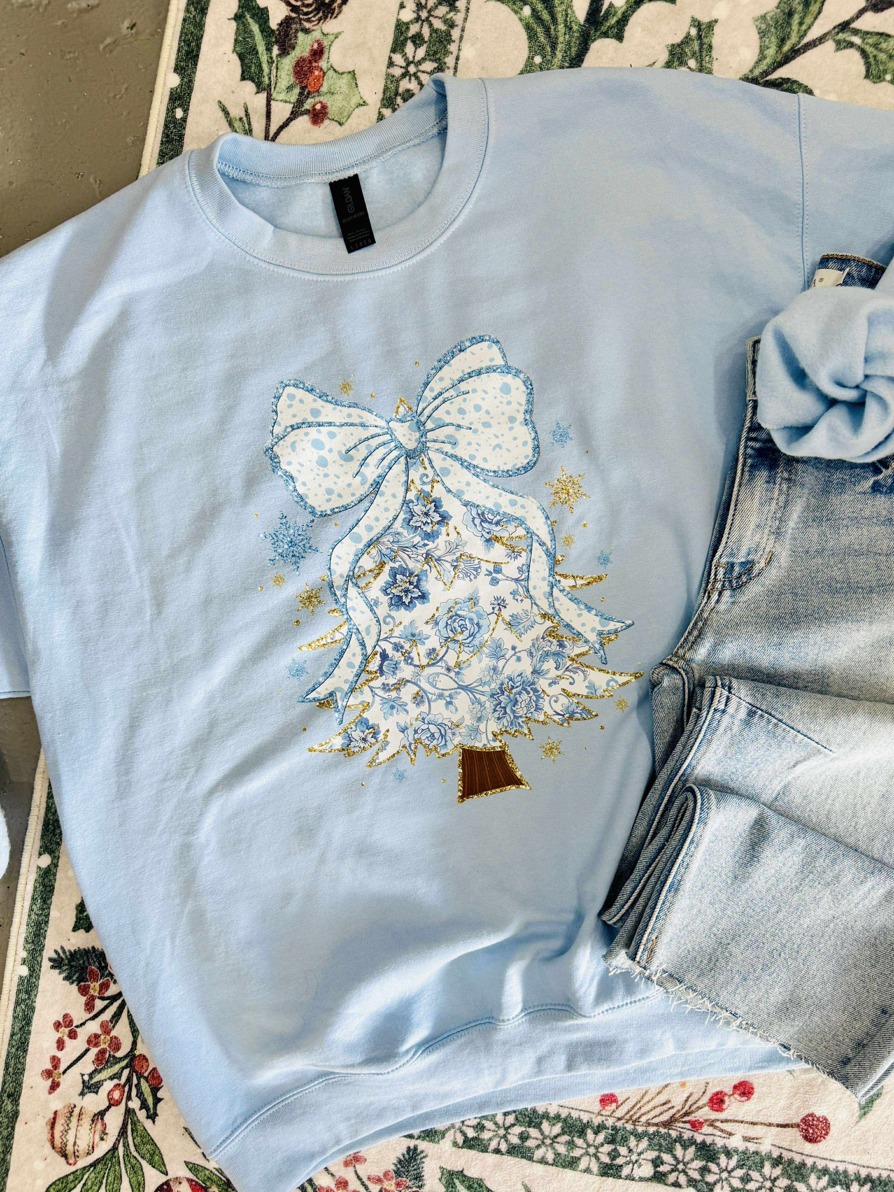 Chino Blue Glitter Tree DTF Graphic Sweatshirt